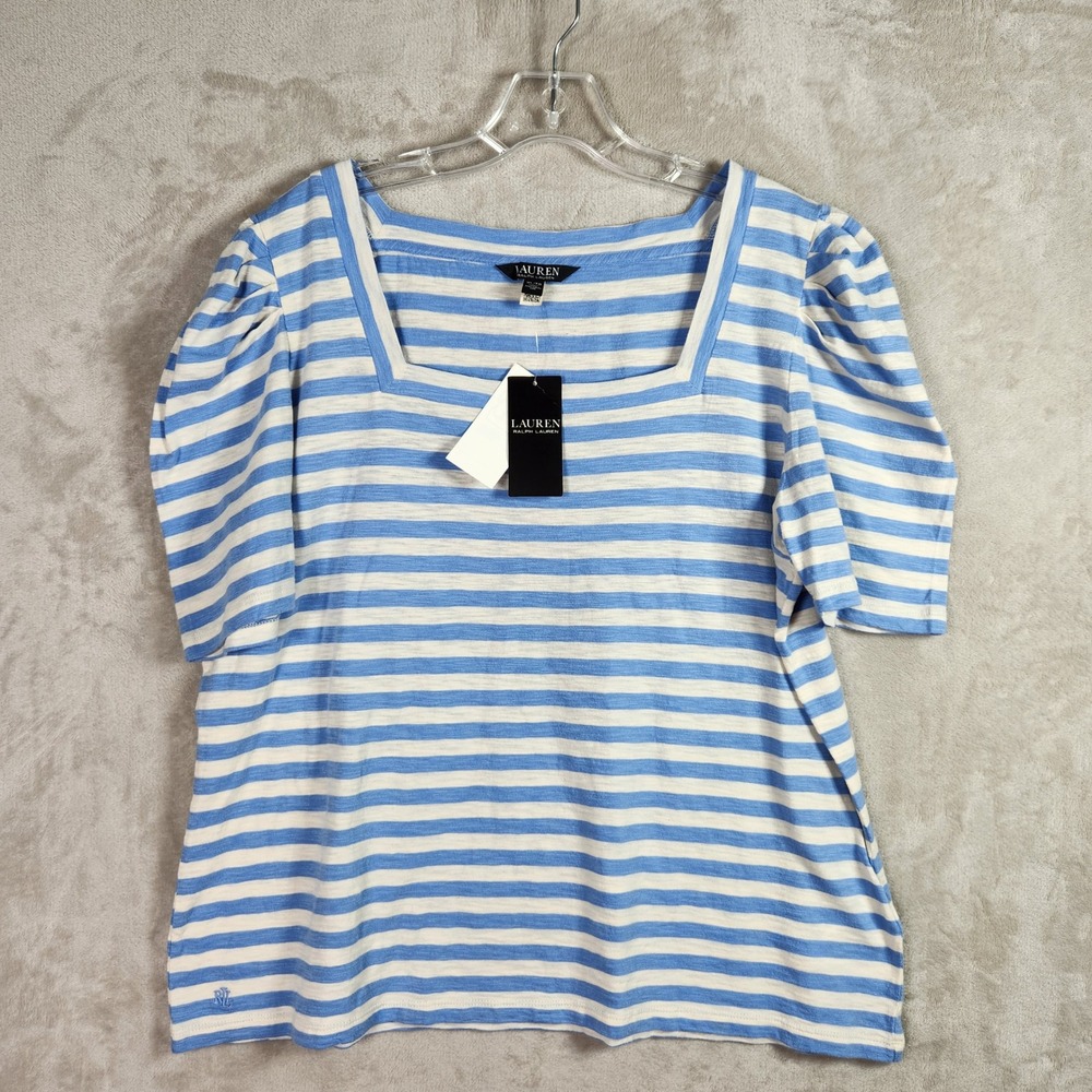 Lauren Ralph Lauren Top Womens XL Blue Cream Striped Puff Sleeve Square Neck
